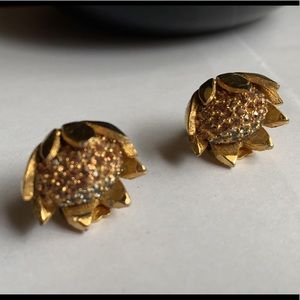Rare Vintage Brushed Gold Rhinestone  Flower Earring signed Carnegie